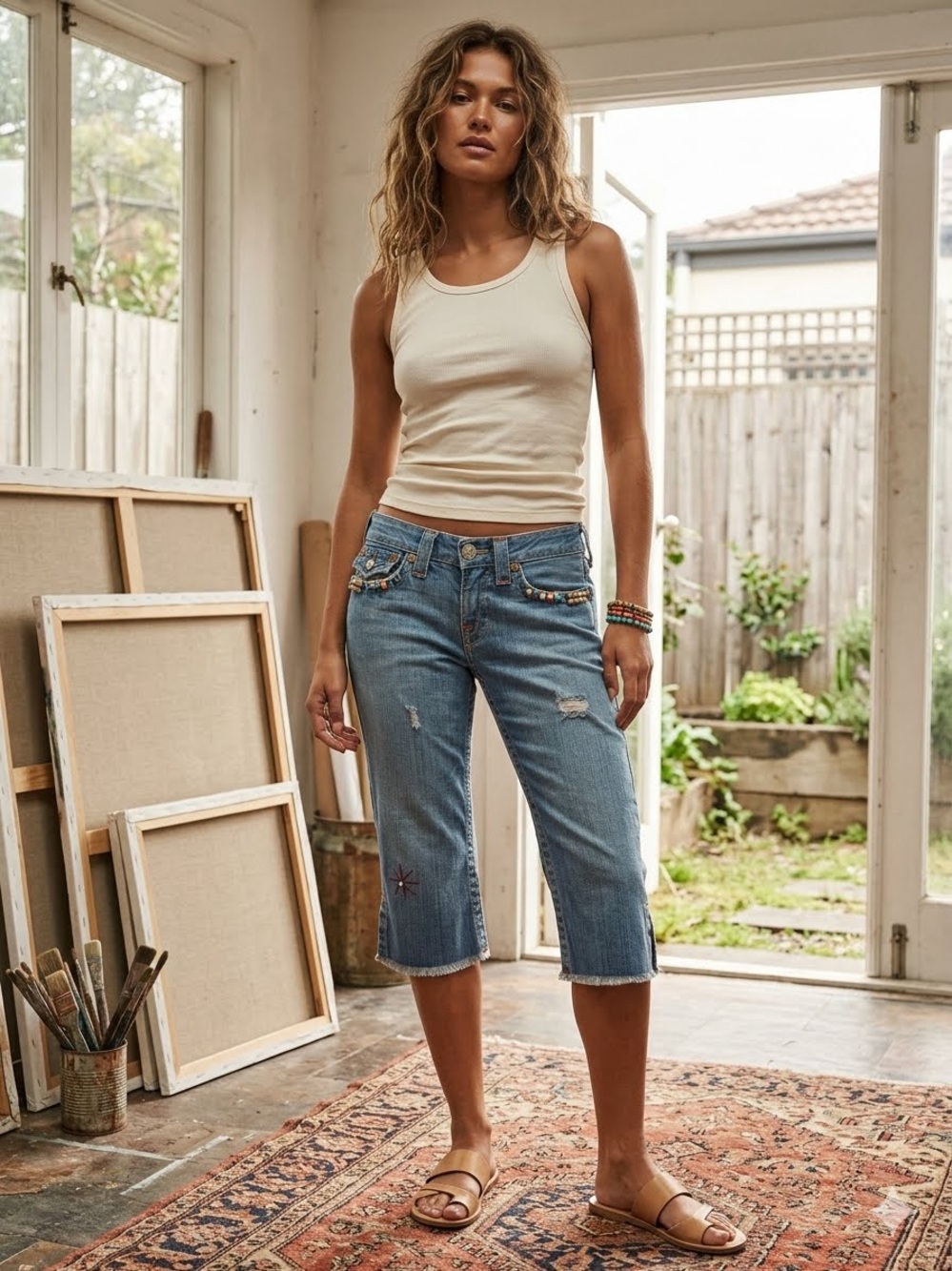True Religion Vintage Beaded Distressed Star Long Denim Shorts